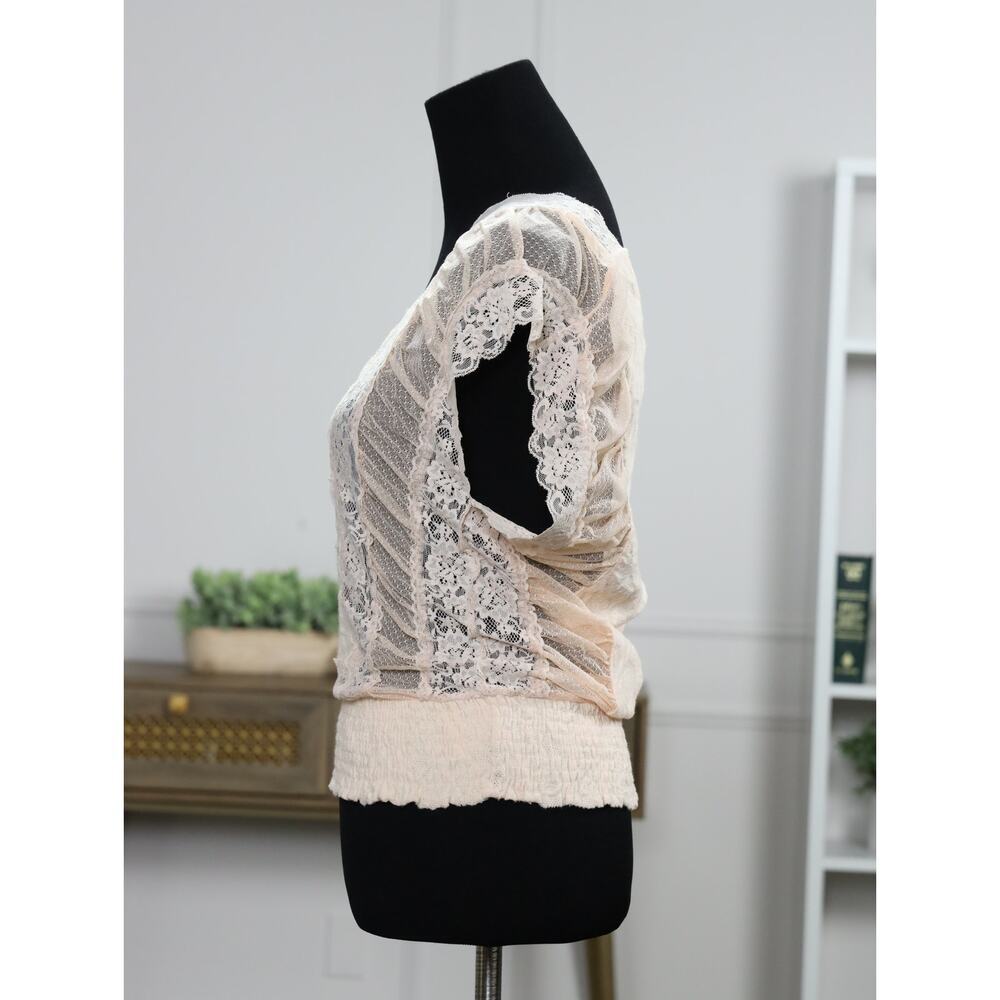 Free People Blush Lace Tank Top S Sheer Romantic Boho Cottagecore Smocked Hem - Picture 5 of 13